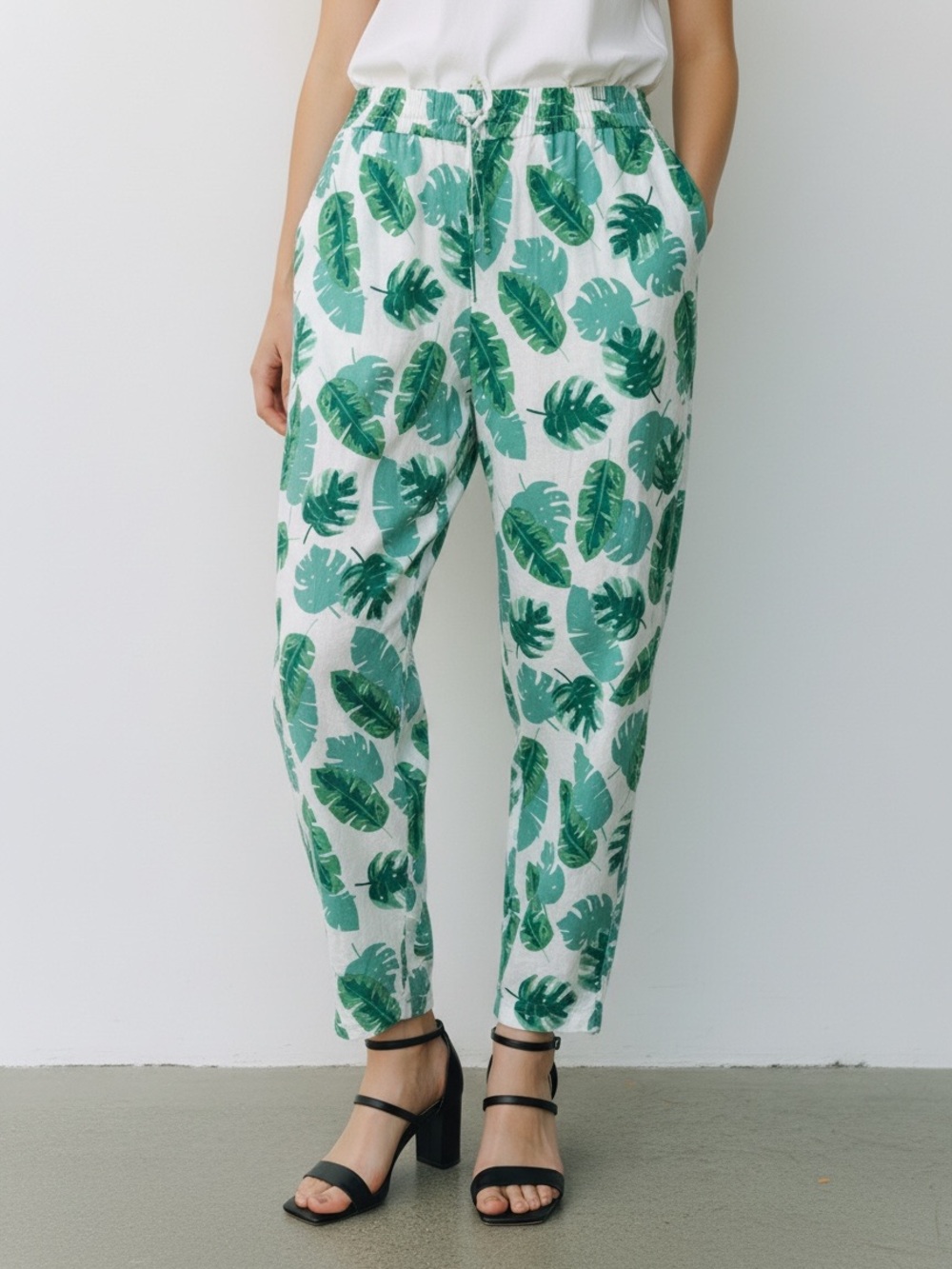 J.Crew Factory Casual Ankke Leaf Print Linen Blend Crop Pants Sz 10 Green White